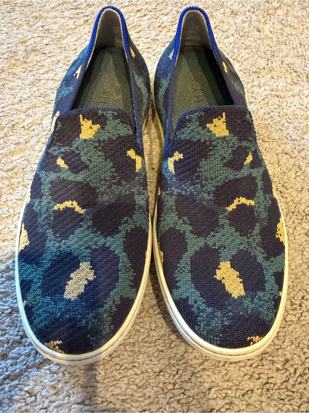 Rothy's Slip-On Knit Sneakers in Navy, Teal & Yellow Accent